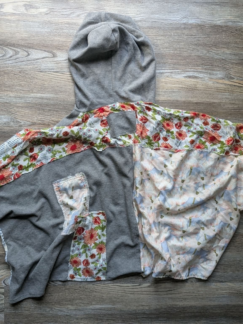 POL Gray Hooded Button Front Top with Floral Trim - Picture 4 of 4